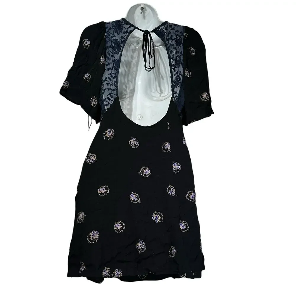 Free People Mockingbird Floral Print Black Embroidered Mini Tunic Dress Size 4